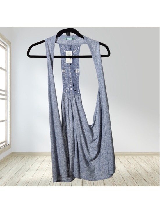 Maurices Tops - Maurices XL Draped Open Front Vest Blue Gray Crochet Lace Back NWT Boho